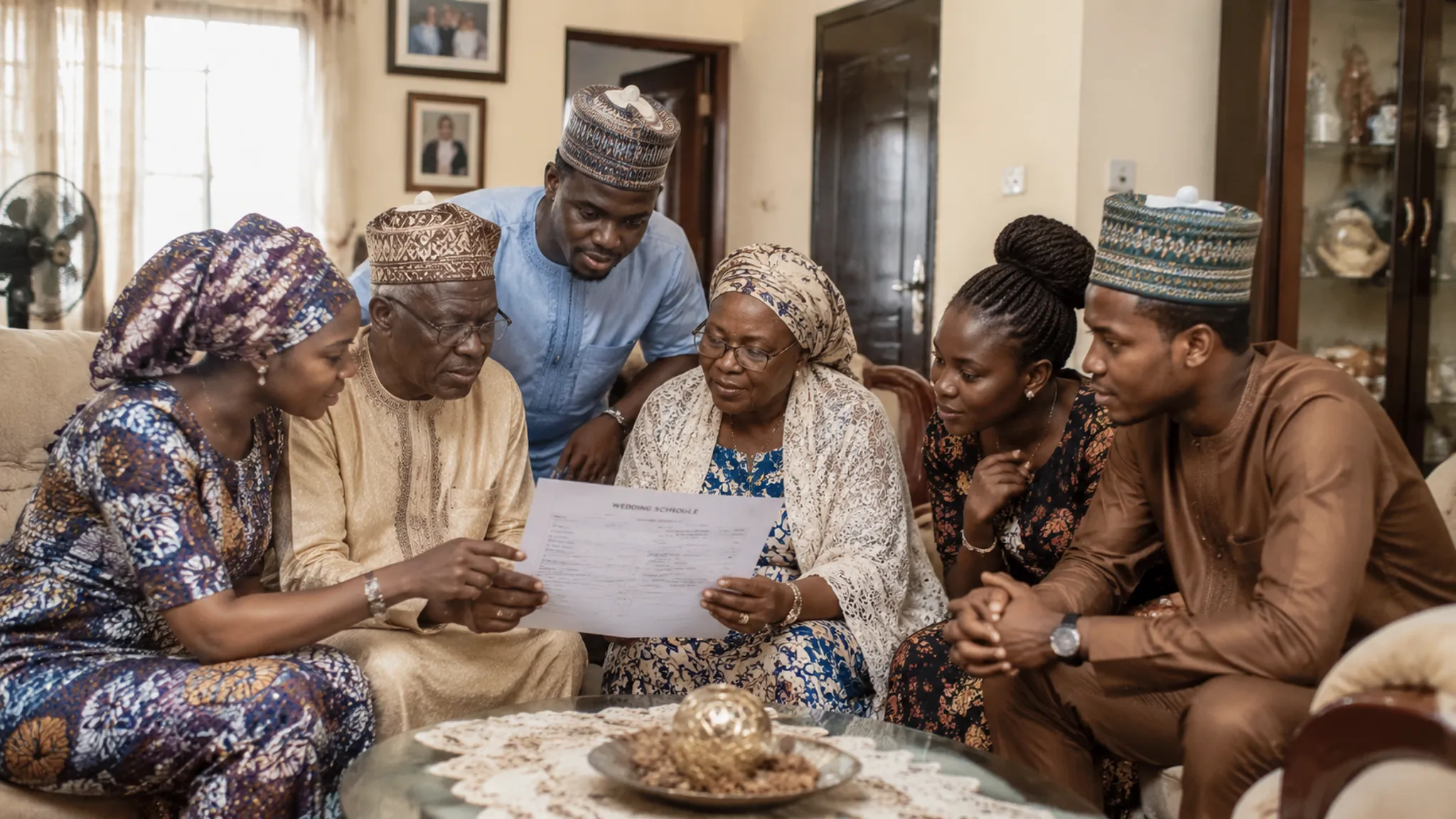 Family members reviewing a shared wedding schedule for customary, religious, and civil events