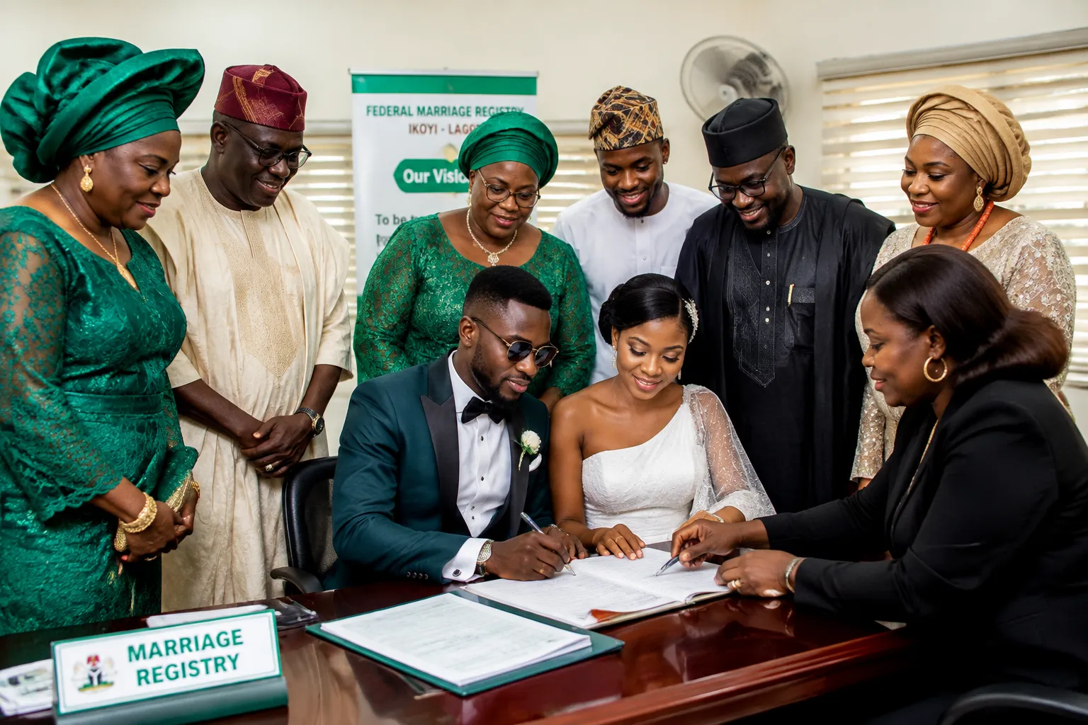 Wedding party coordinating a Nigerian civil ceremony