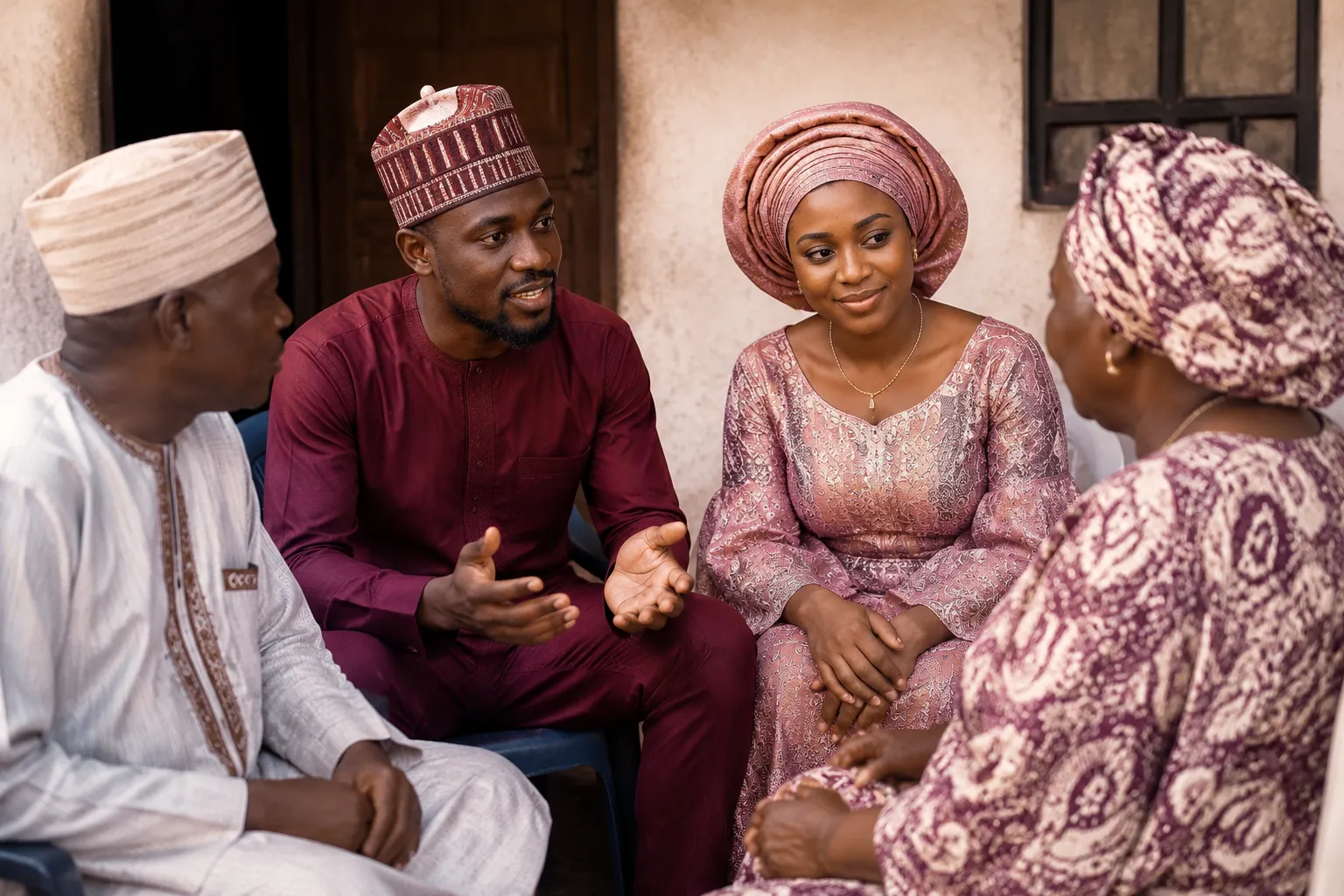 Couple and family representatives having a respectful confirmation conversation about ceremony roles and wedding support