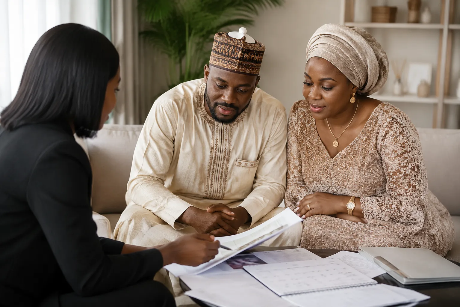 Couple reviewing a practical wedding ceremony timeline with family, registry, congregation, venue, and vendor confirmations