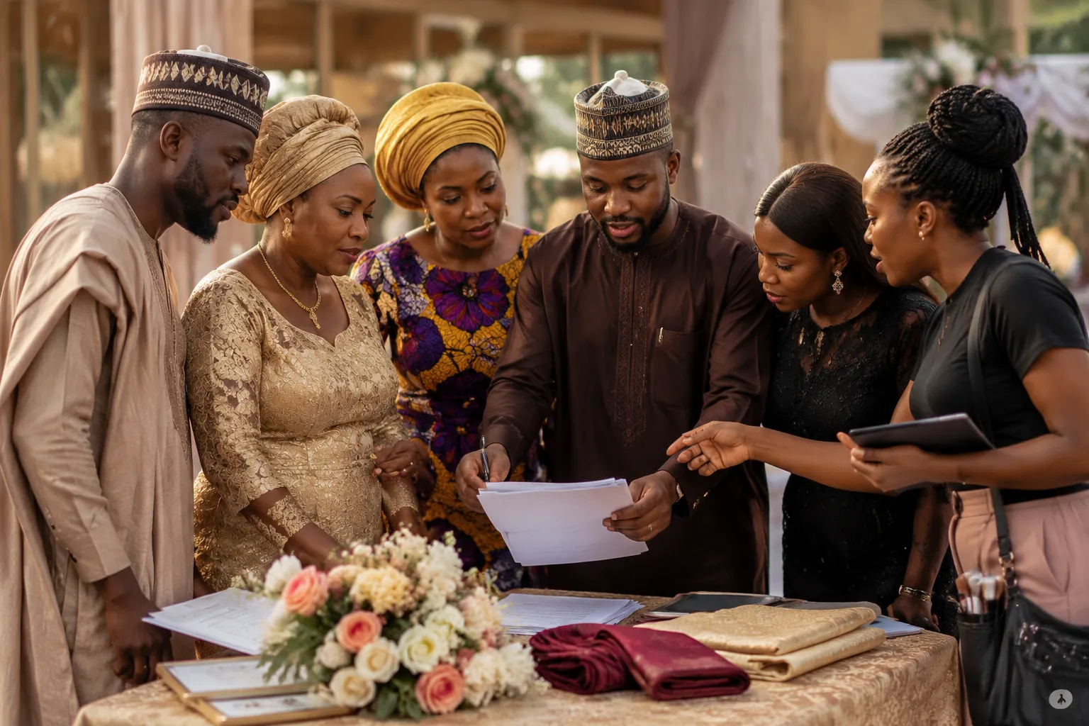 Family members and wedding vendors reviewing a shared event schedule and handoffs