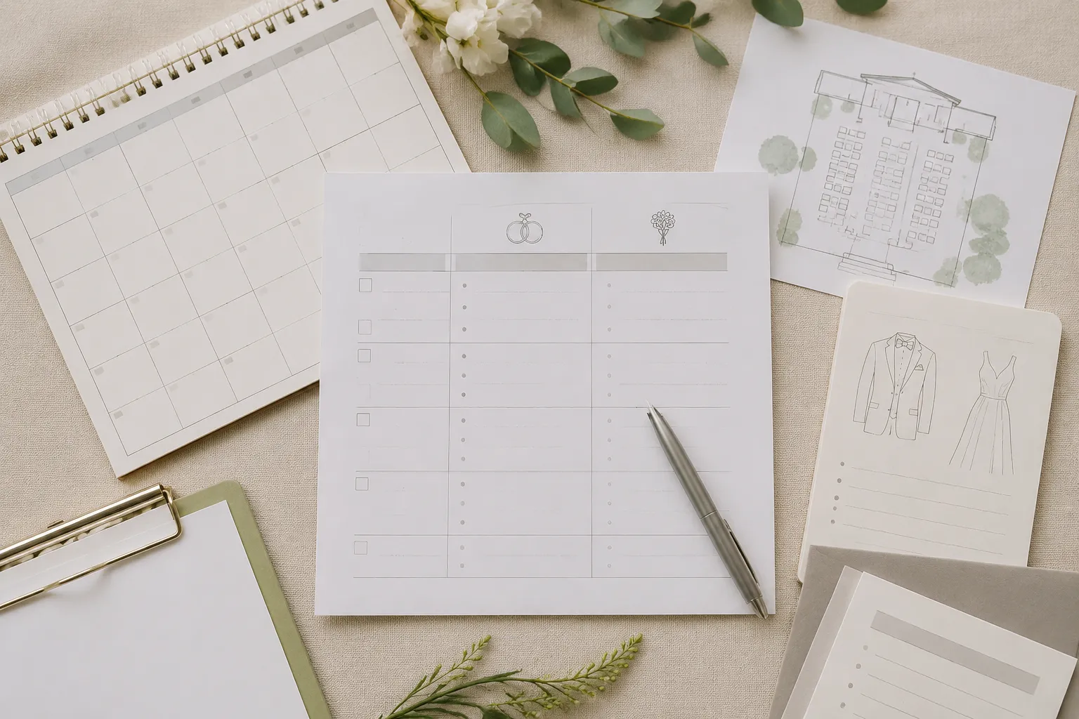 Wedding planning worksheet comparing ceremony responsibilities, dates, venues, and confirmations