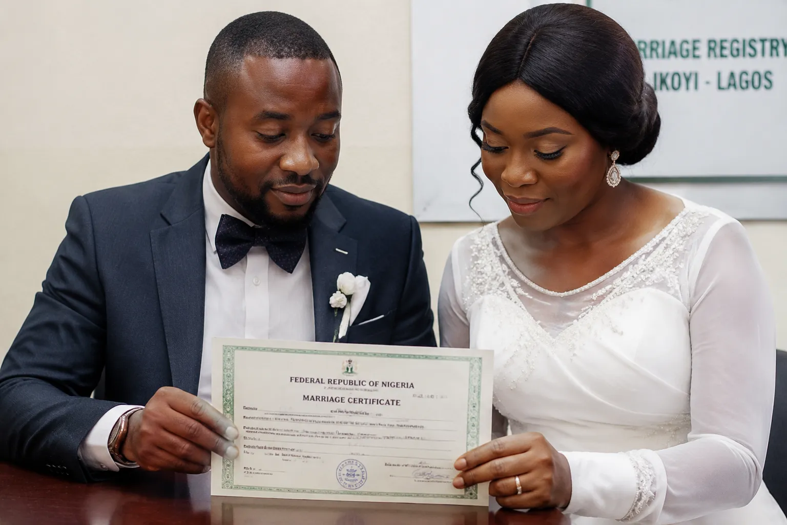 Couple reviewing a Nigerian marriage certificate after registration