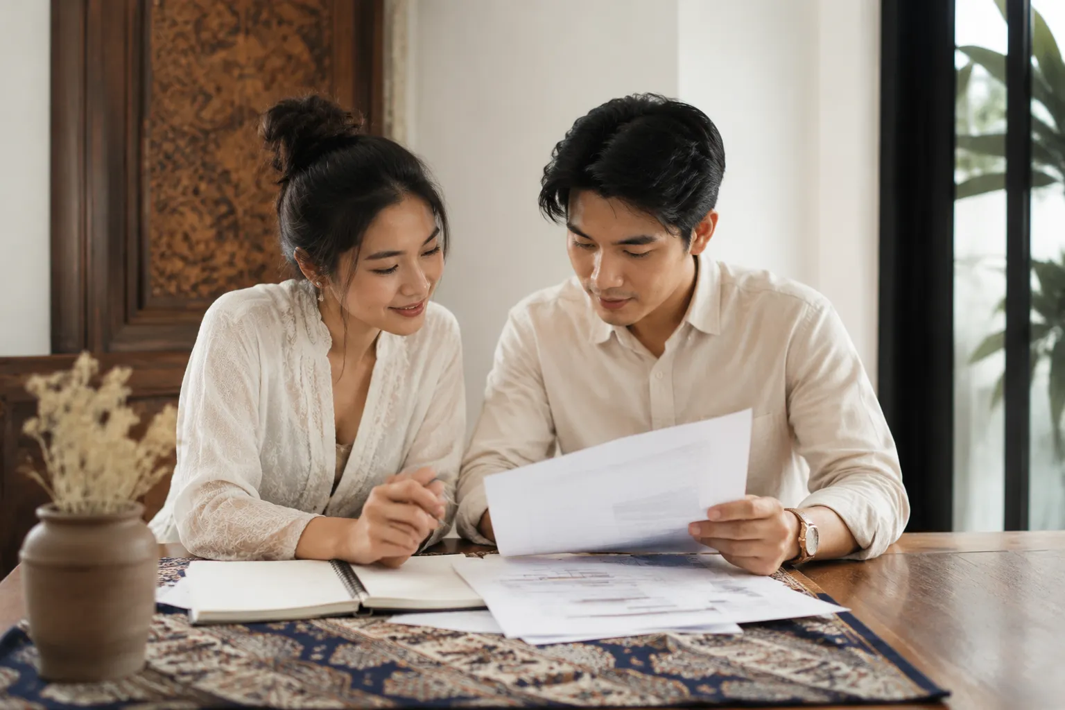 Couple reviewing a wedding schedule and shared decisions