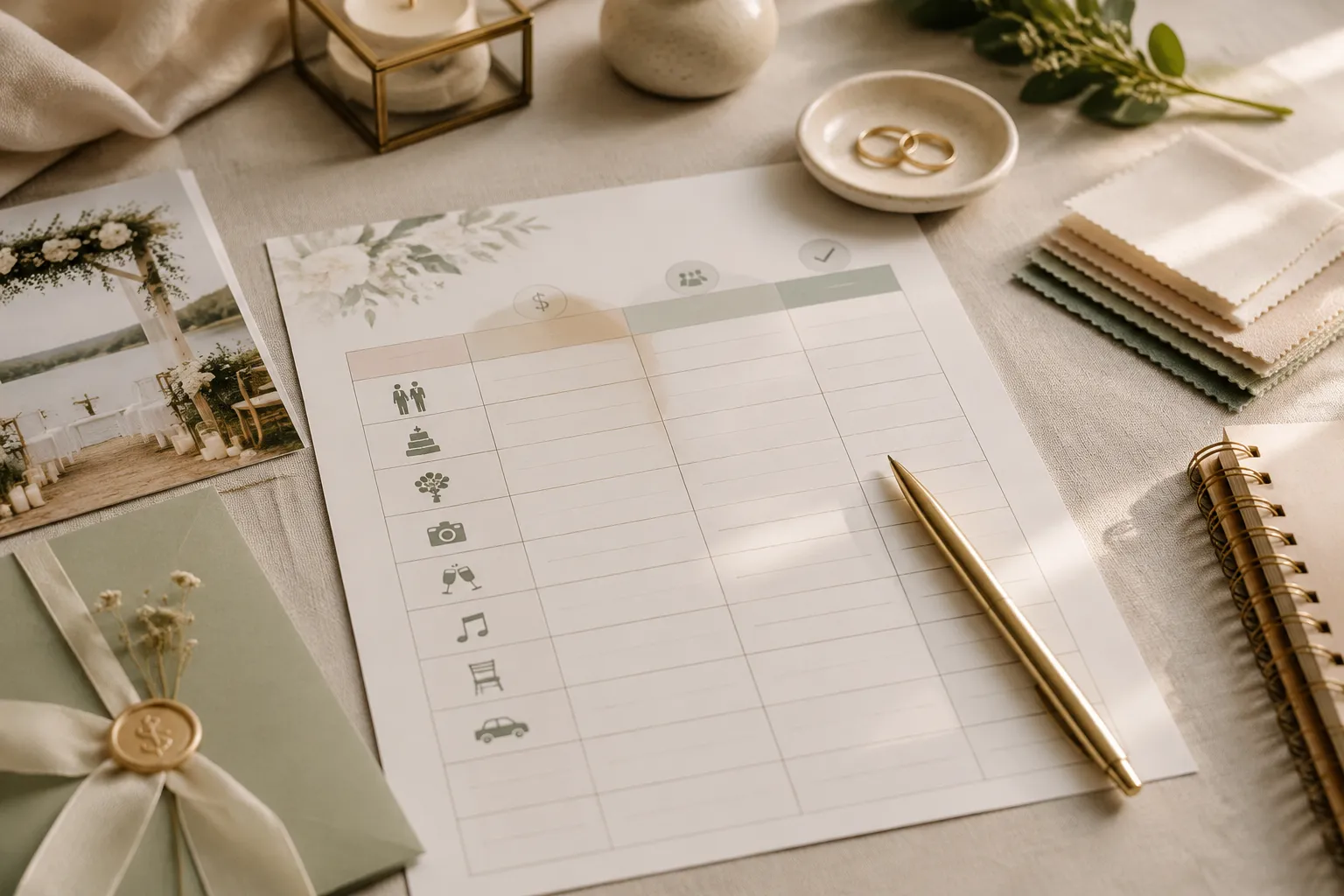Wedding planning worksheet showing contributions, covered expenses, expected involvement, and decision owners
