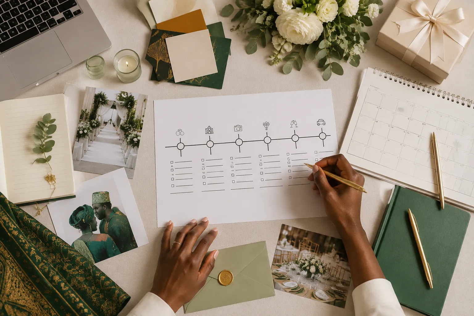 Wedding schedule with ceremony stages, travel transitions, family responsibilities, and vendor timing