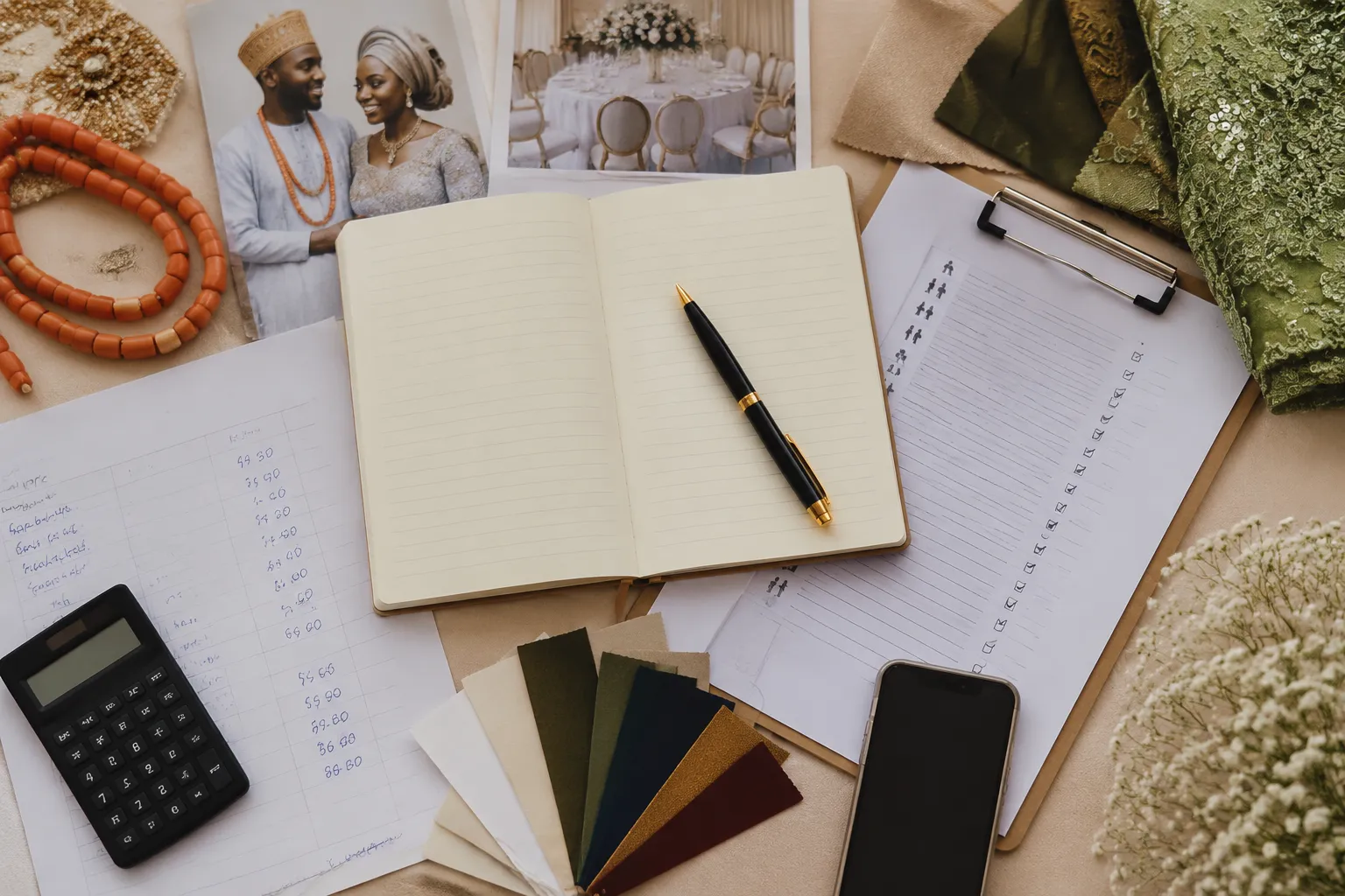 Wedding planning materials and a written record of family contributions